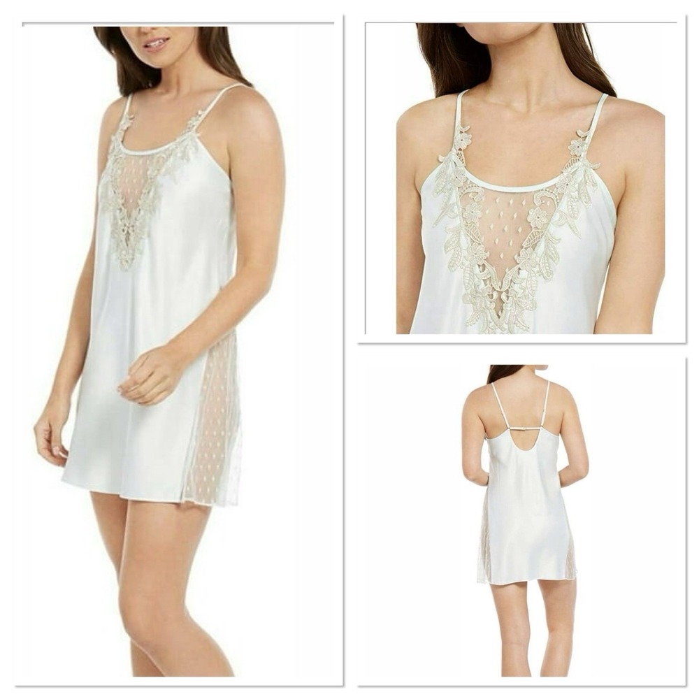 Flora Nikrooz Stella Ivory Lace Trim Satin Chemise Nightgown Mini Slip Dress 1X